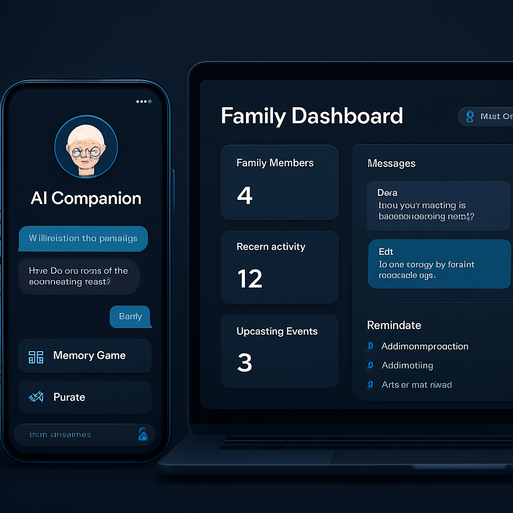Elderly AI companion mobile app alongside a family caregiver web dashboard
