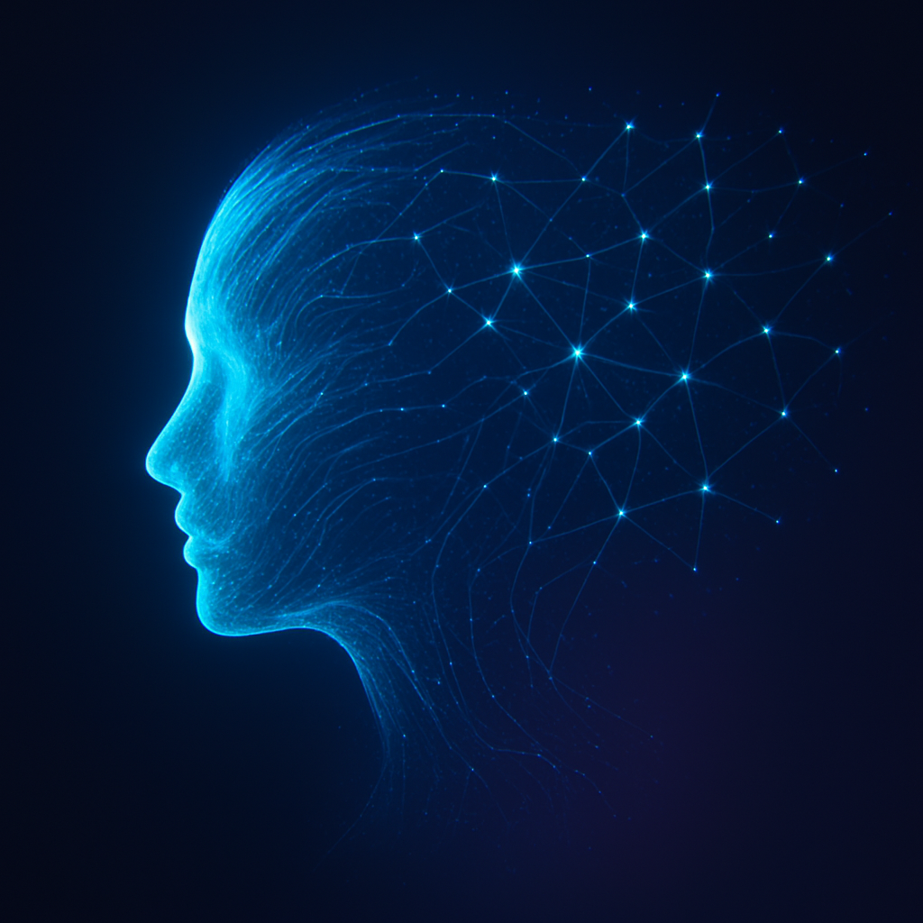 Human-centric AI represented as a glowing digital human silhouette merging with a neural network
